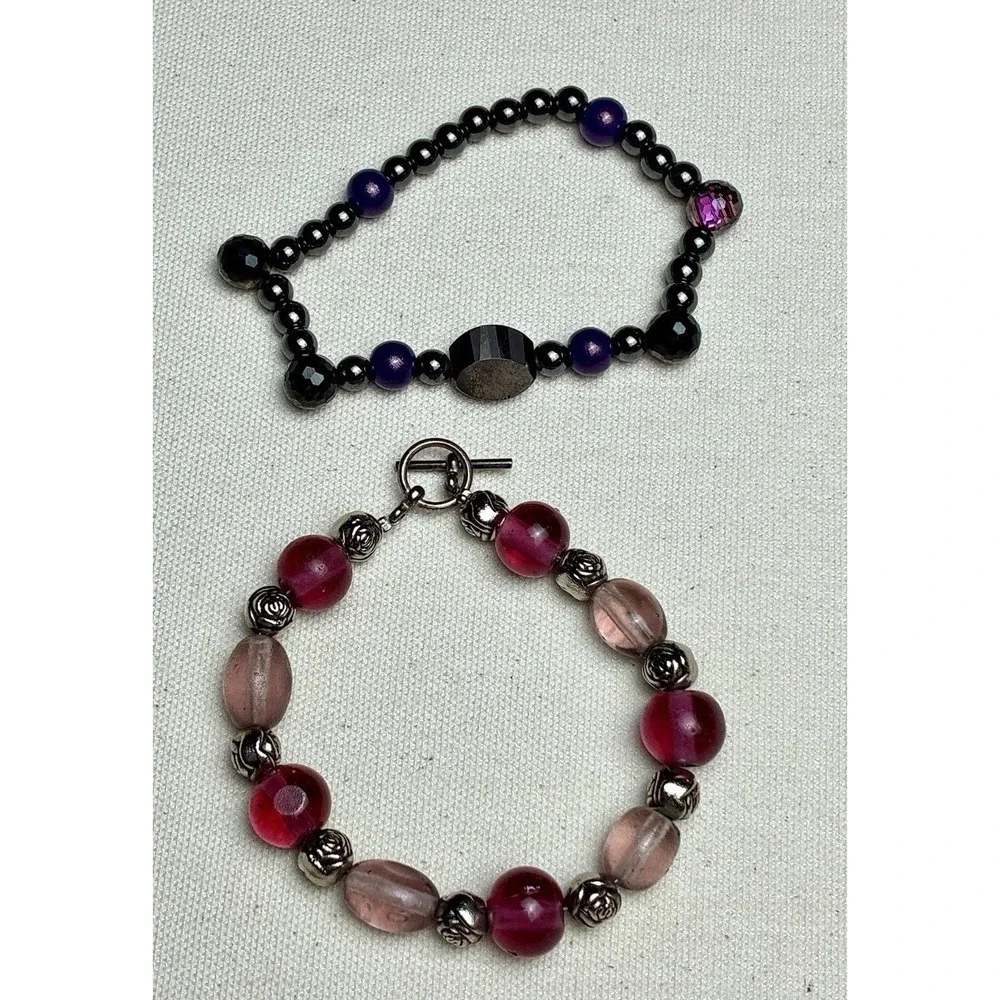 Black Purple Beaded Stretch Bracelet Hematite Glass Crystal Fashion Jewelry